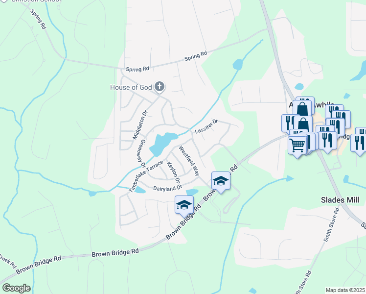 map of restaurants, bars, coffee shops, grocery stores, and more near 315 Spring Lake Terrace in Covington