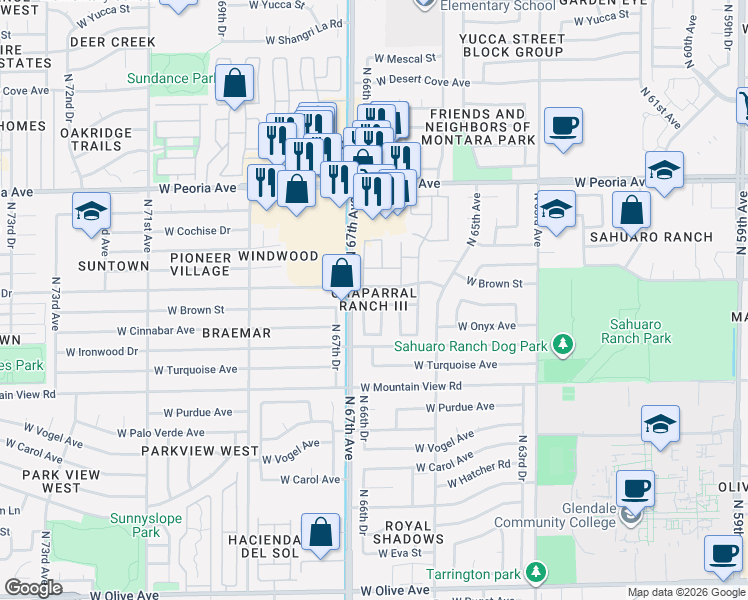 map of restaurants, bars, coffee shops, grocery stores, and more near 6630 West Cinnabar Avenue in Glendale