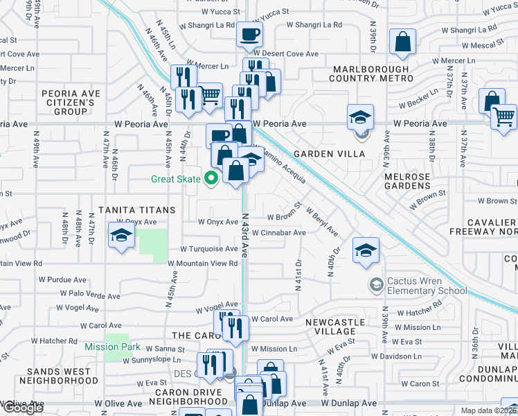 map of restaurants, bars, coffee shops, grocery stores, and more near 10032 North 42nd Drive in Phoenix