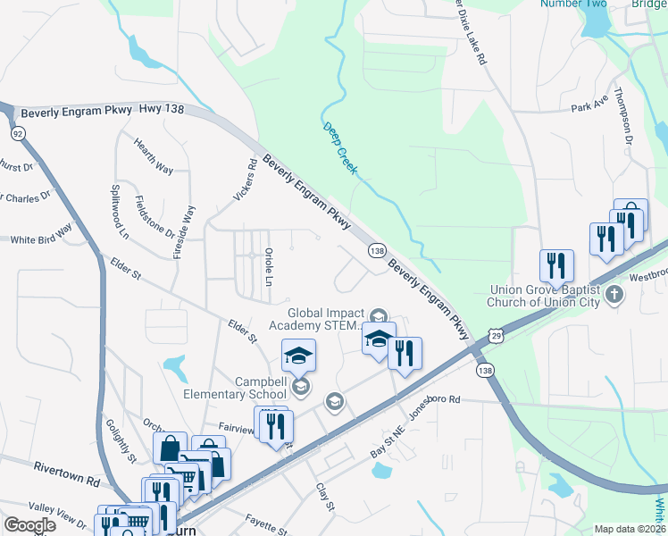 map of restaurants, bars, coffee shops, grocery stores, and more near 6485 Capitol Knoll in Fairburn