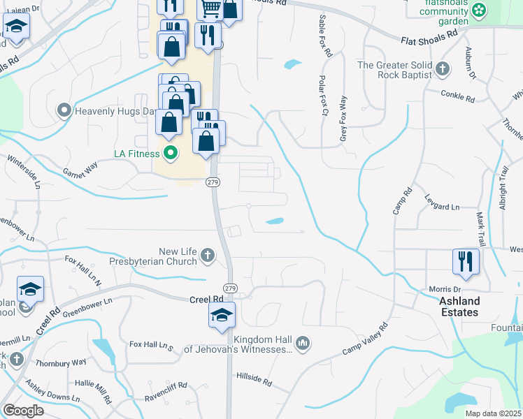 map of restaurants, bars, coffee shops, grocery stores, and more near 2384 Bigwood Trail in Atlanta