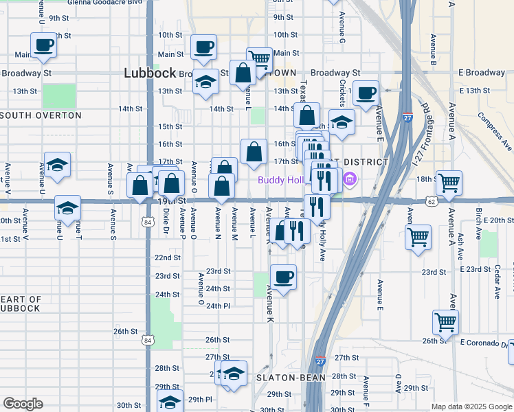 map of restaurants, bars, coffee shops, grocery stores, and more near 1915 Avenue L in Lubbock