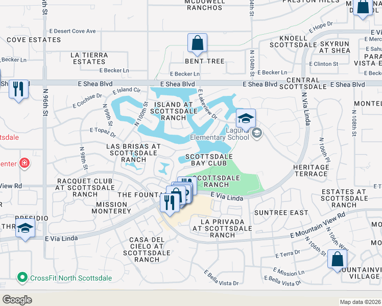 map of restaurants, bars, coffee shops, grocery stores, and more near 10157 East Topaz Drive in Scottsdale