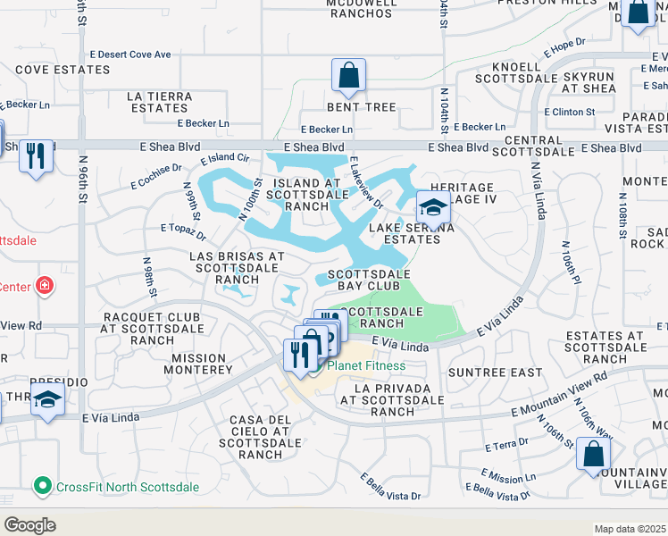 map of restaurants, bars, coffee shops, grocery stores, and more near 10143 East Topaz Drive in Scottsdale