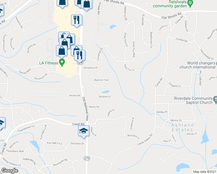 map of restaurants, bars, coffee shops, grocery stores, and more near 2348 Bigwood Trail in Atlanta