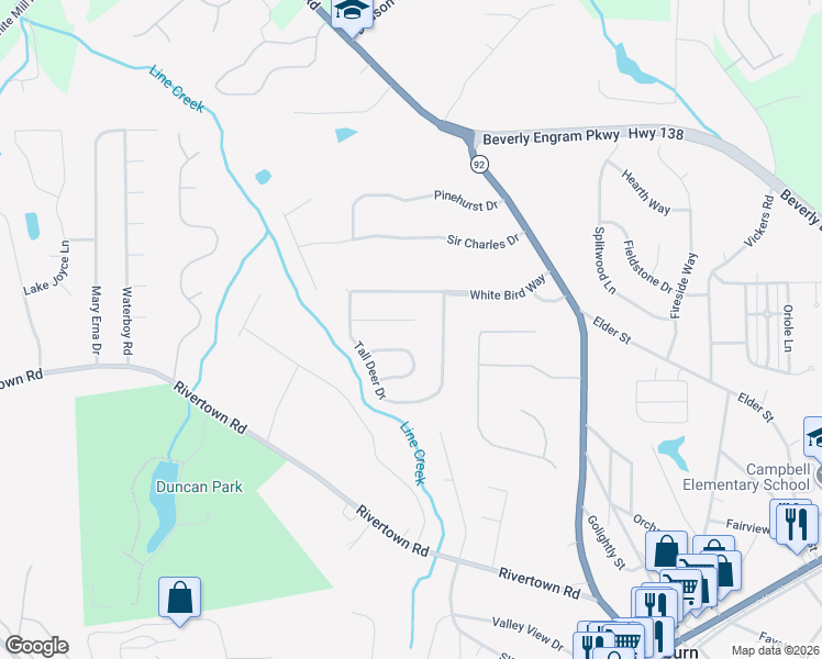 map of restaurants, bars, coffee shops, grocery stores, and more near 710 Small Elk Court in Fairburn