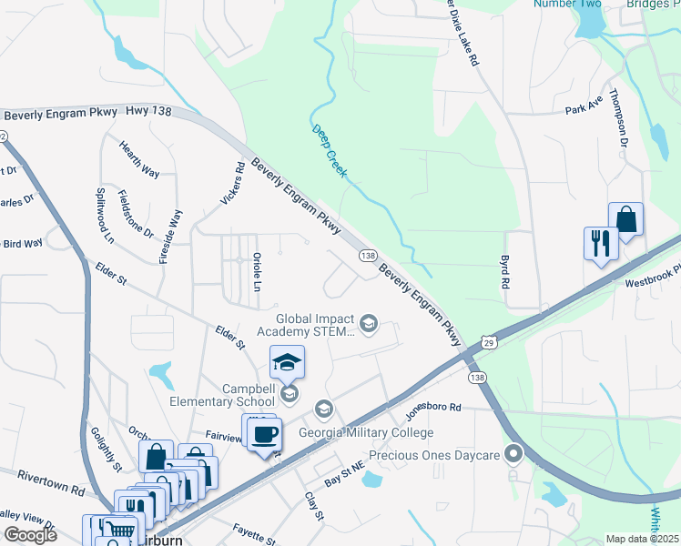 map of restaurants, bars, coffee shops, grocery stores, and more near 6485 Capitol Knoll in Fairburn