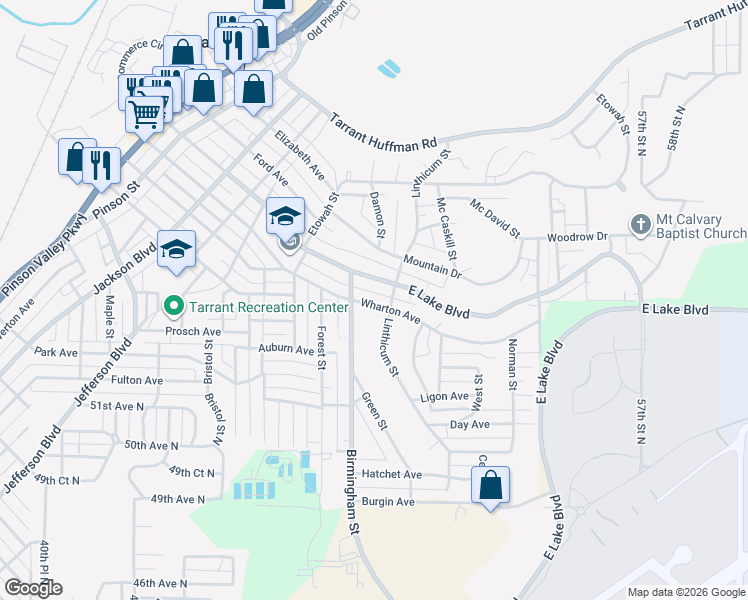 map of restaurants, bars, coffee shops, grocery stores, and more near 1612 Wharton Avenue in Birmingham
