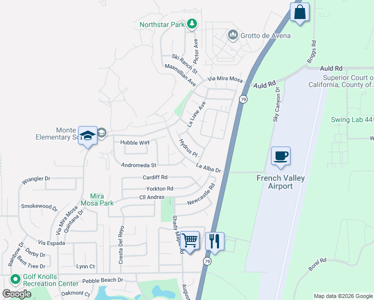 map of restaurants, bars, coffee shops, grocery stores, and more near 37401 Hydrus Place in Murrieta