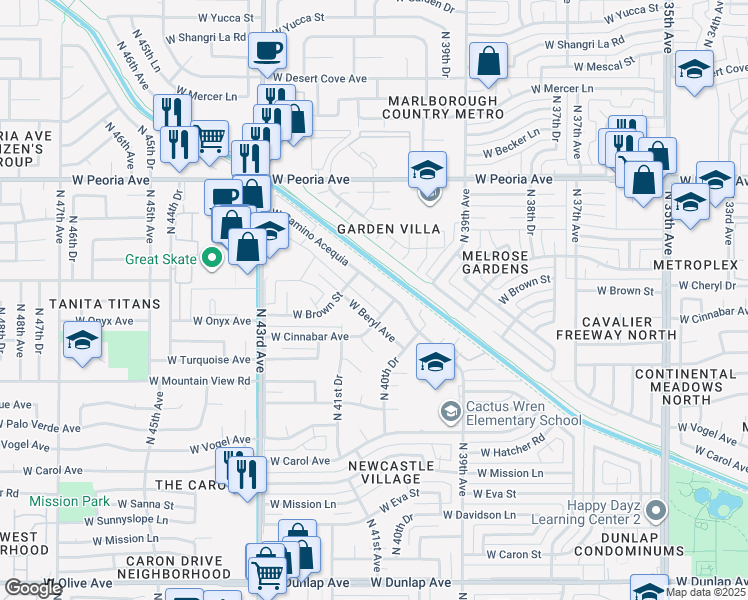 map of restaurants, bars, coffee shops, grocery stores, and more near 4036 West Cinnabar Avenue in Phoenix