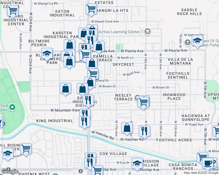 map of restaurants, bars, coffee shops, grocery stores, and more near 1721 West Brown Street in Phoenix