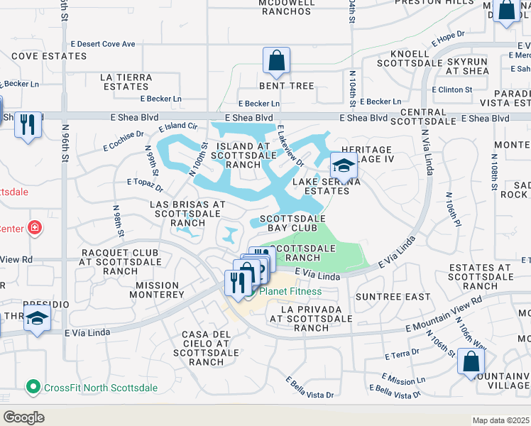 map of restaurants, bars, coffee shops, grocery stores, and more near 10143 East Topaz Drive in Scottsdale