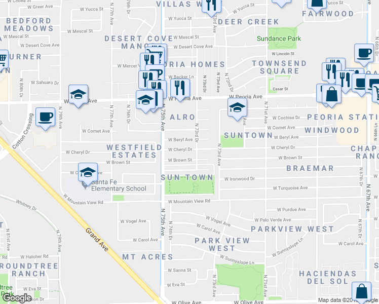 map of restaurants, bars, coffee shops, grocery stores, and more near 7395 West Cheryl Drive in Peoria