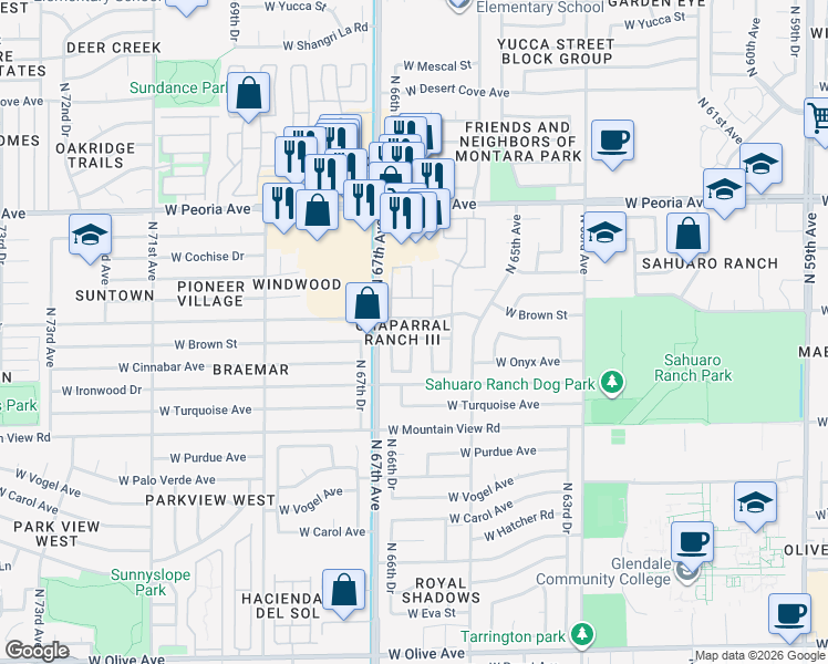 map of restaurants, bars, coffee shops, grocery stores, and more near 6618 West Cinnabar Avenue in Glendale