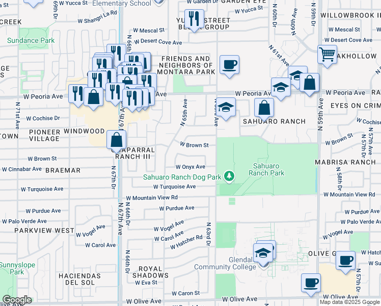 map of restaurants, bars, coffee shops, grocery stores, and more near 6346 West Cinnabar Avenue in Glendale