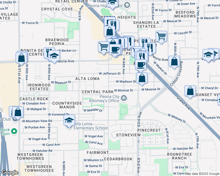 map of restaurants, bars, coffee shops, grocery stores, and more near 8490 West Monroe Street in Peoria