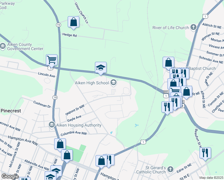 map of restaurants, bars, coffee shops, grocery stores, and more near 2 Dupont Drive Northwest in Aiken