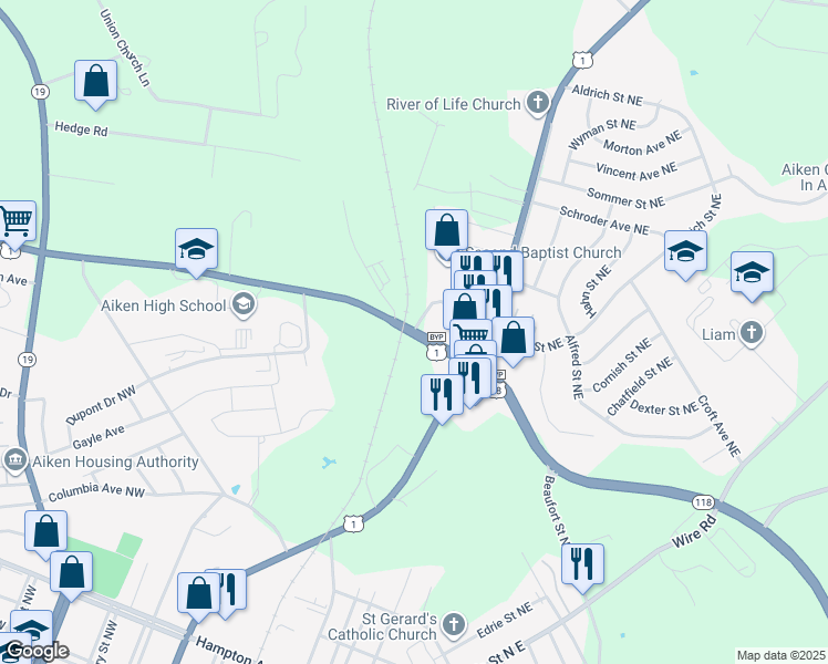 map of restaurants, bars, coffee shops, grocery stores, and more near 353 Rutland Drive in Aiken
