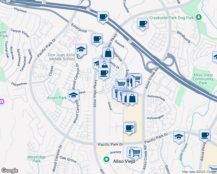map of restaurants, bars, coffee shops, grocery stores, and more near 11 Brownstone Way in Aliso Viejo