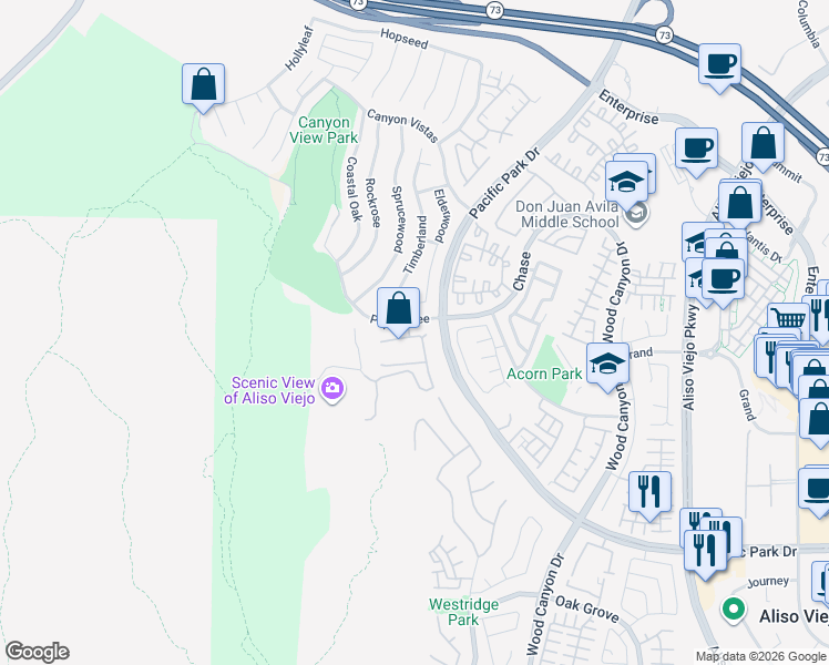 map of restaurants, bars, coffee shops, grocery stores, and more near 43 Vista Del Cerro in Aliso Viejo