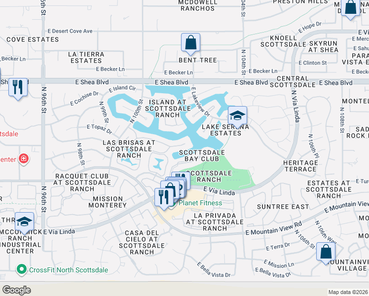 map of restaurants, bars, coffee shops, grocery stores, and more near 10157 East Topaz Drive in Scottsdale