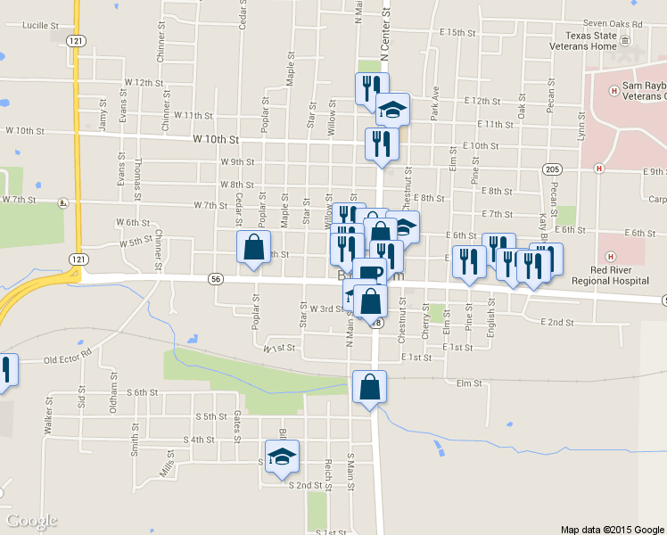 map of restaurants, bars, coffee shops, grocery stores, and more near 120 West Sam Rayburn Drive in Bonham