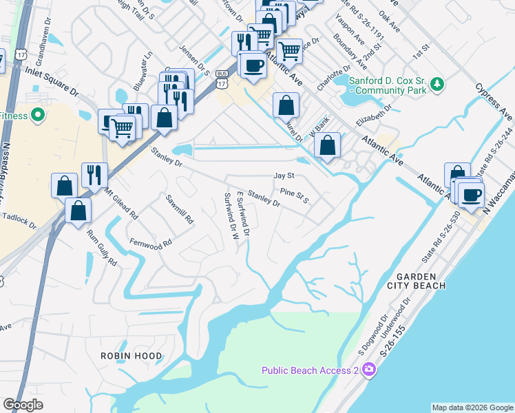 map of restaurants, bars, coffee shops, grocery stores, and more near 390 Di-Cindy Lane in Murrells Inlet
