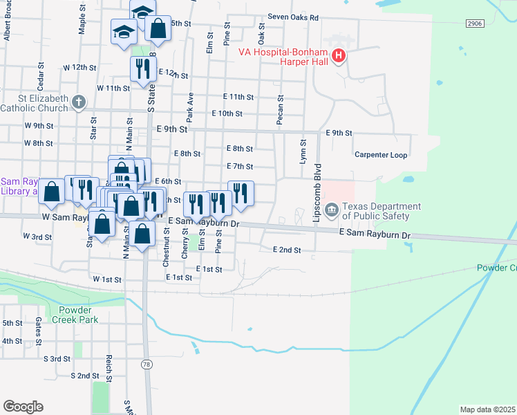 map of restaurants, bars, coffee shops, grocery stores, and more near 812 East 5th Street in Bonham