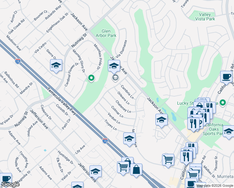 map of restaurants, bars, coffee shops, grocery stores, and more near 24023 Orleans Lane in Murrieta