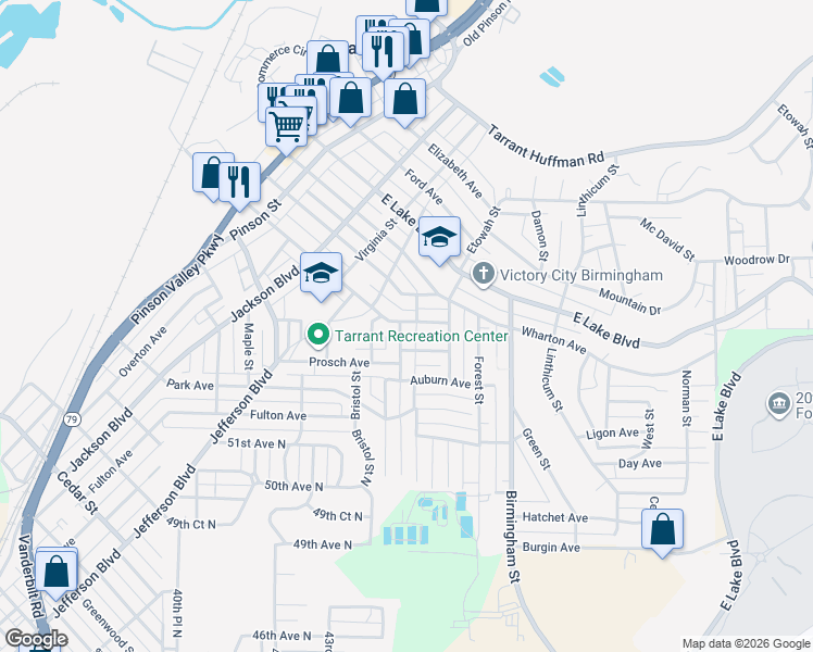 map of restaurants, bars, coffee shops, grocery stores, and more near 1249 Waverly Street in Birmingham