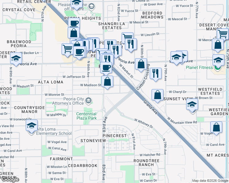 map of restaurants, bars, coffee shops, grocery stores, and more near 8244 West Monroe Street in Peoria