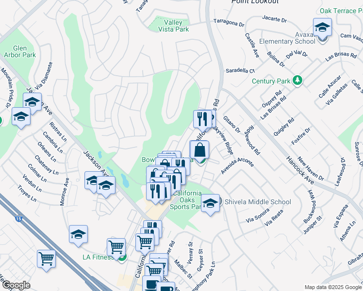 map of restaurants, bars, coffee shops, grocery stores, and more near 40415 Vía Francisco in Murrieta