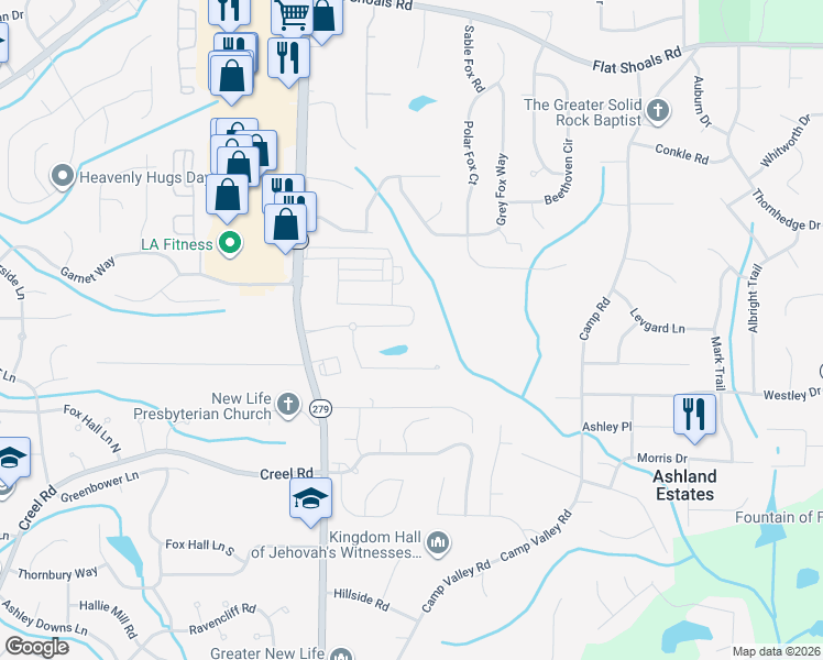 map of restaurants, bars, coffee shops, grocery stores, and more near 2340 Bigwood Trail in Atlanta