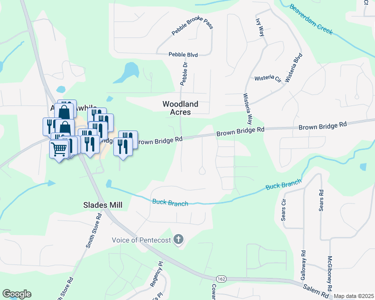 map of restaurants, bars, coffee shops, grocery stores, and more near 35 Wilshire Walk in Covington