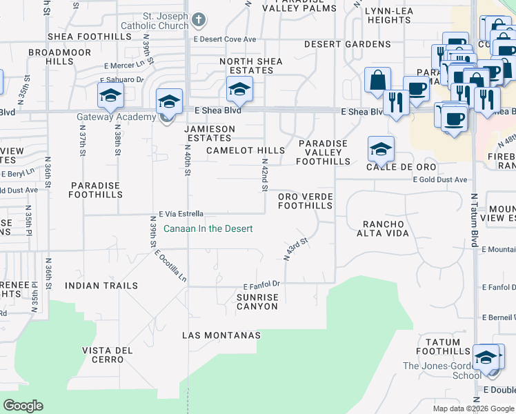 map of restaurants, bars, coffee shops, grocery stores, and more near 4142 East Vía Estrella in Phoenix
