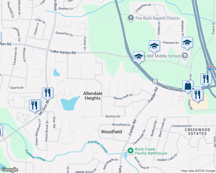 map of restaurants, bars, coffee shops, grocery stores, and more near 6493 Menlo Way in Rex