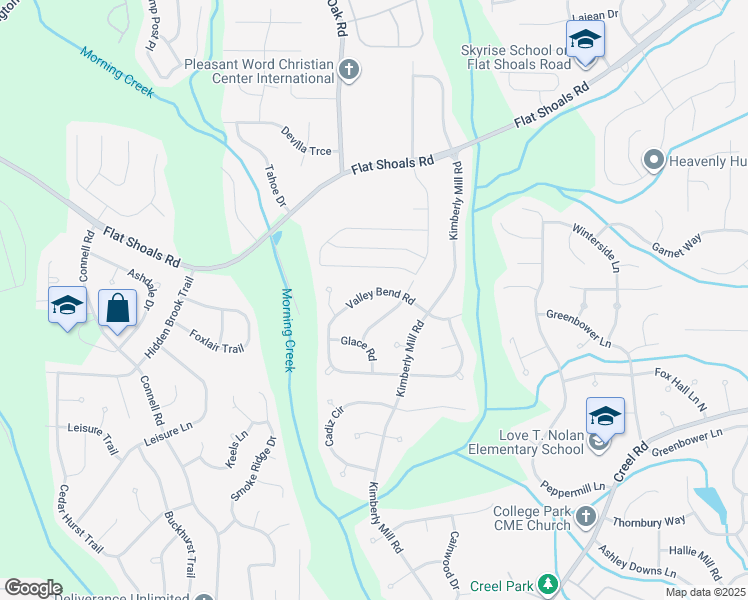 map of restaurants, bars, coffee shops, grocery stores, and more near 3345 Valley Bend Road in College Park
