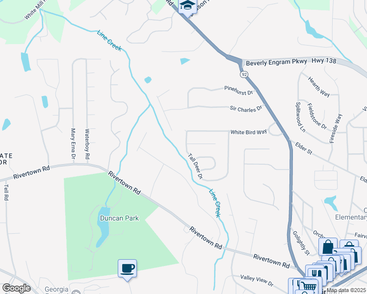 map of restaurants, bars, coffee shops, grocery stores, and more near 853 Tall Deer Drive in Fairburn