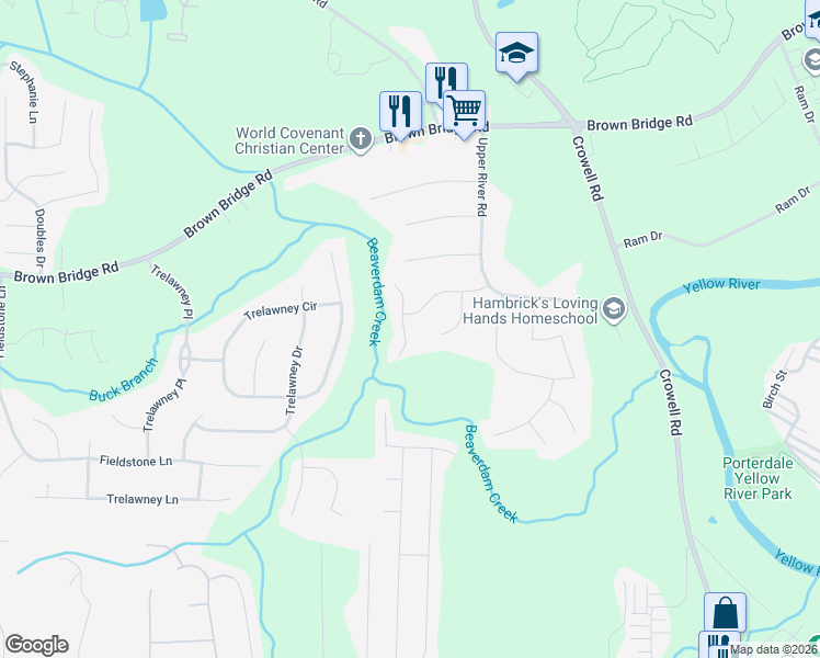 map of restaurants, bars, coffee shops, grocery stores, and more near 85 East Lawn Way in Covington