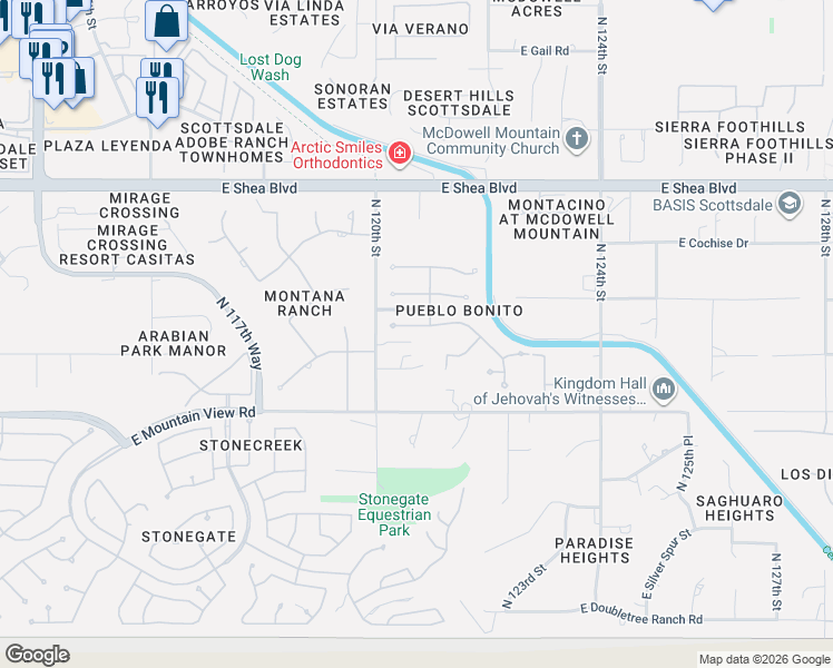 map of restaurants, bars, coffee shops, grocery stores, and more near 12089 East Arabian Park Drive in Scottsdale
