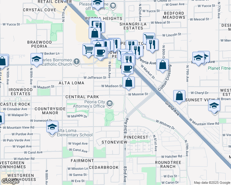 map of restaurants, bars, coffee shops, grocery stores, and more near 8360 West Monroe Street in Peoria