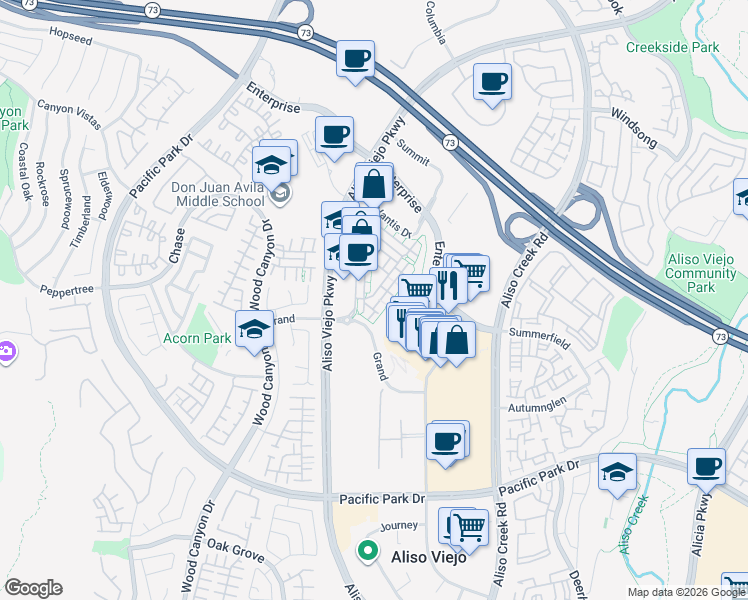 map of restaurants, bars, coffee shops, grocery stores, and more near 11 Brownstone Way in Aliso Viejo