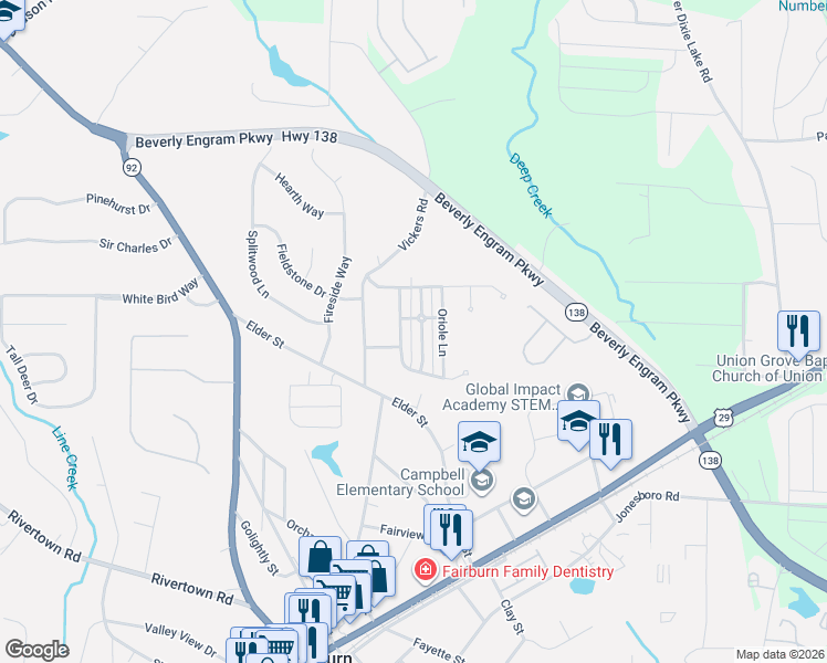 map of restaurants, bars, coffee shops, grocery stores, and more near 3060 Raven Trace in Fairburn