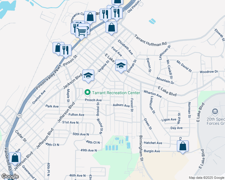 map of restaurants, bars, coffee shops, grocery stores, and more near 1241 Waverly Street in Birmingham