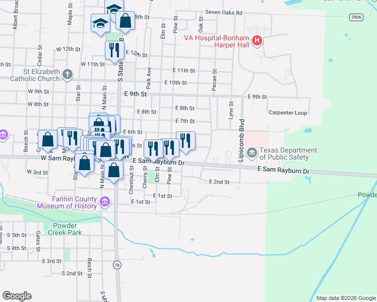 map of restaurants, bars, coffee shops, grocery stores, and more near 620 East 5th Street in Bonham