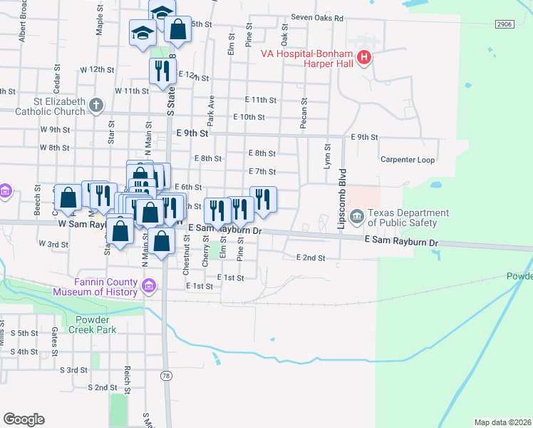 map of restaurants, bars, coffee shops, grocery stores, and more near 620 East 5th Street in Bonham