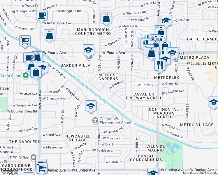 map of restaurants, bars, coffee shops, grocery stores, and more near 3820 West Dalphin Road in Phoenix