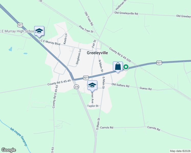 map of restaurants, bars, coffee shops, grocery stores, and more near 205 Society Street in Greeleyville