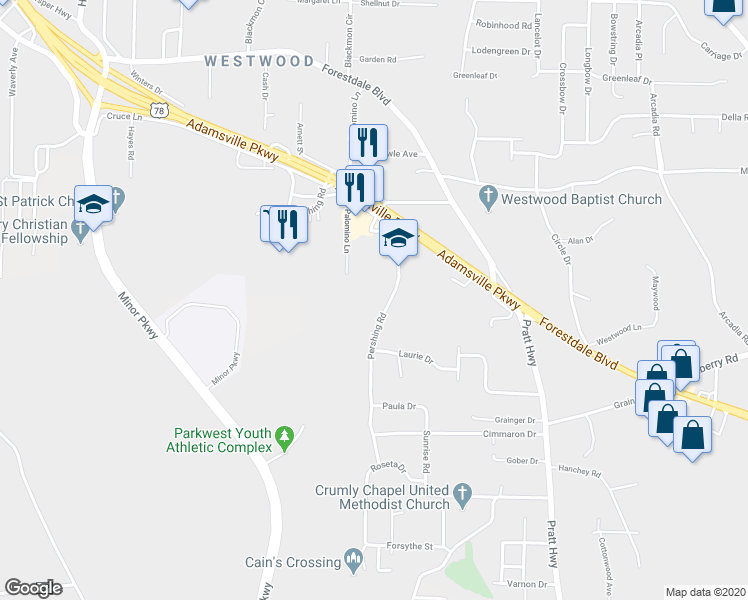 map of restaurants, bars, coffee shops, grocery stores, and more near 2201 Pershing Road in Birmingham