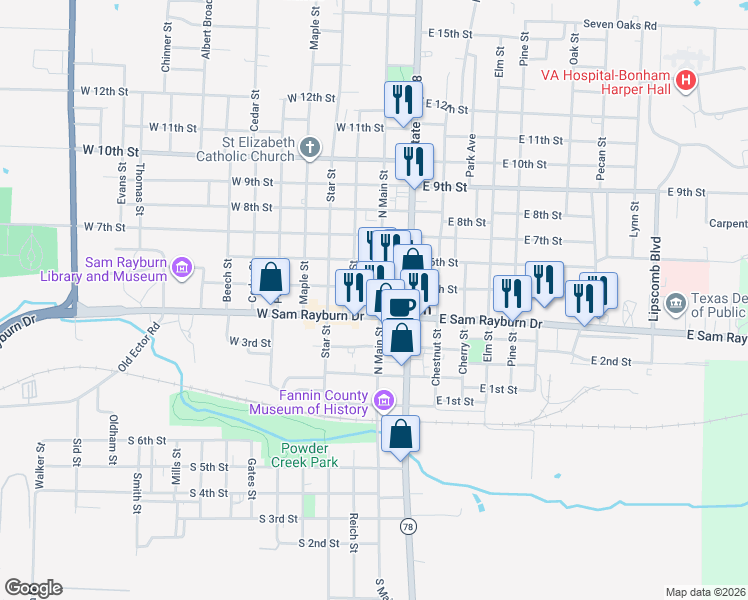 map of restaurants, bars, coffee shops, grocery stores, and more near 120 West Sam Rayburn Drive in Bonham